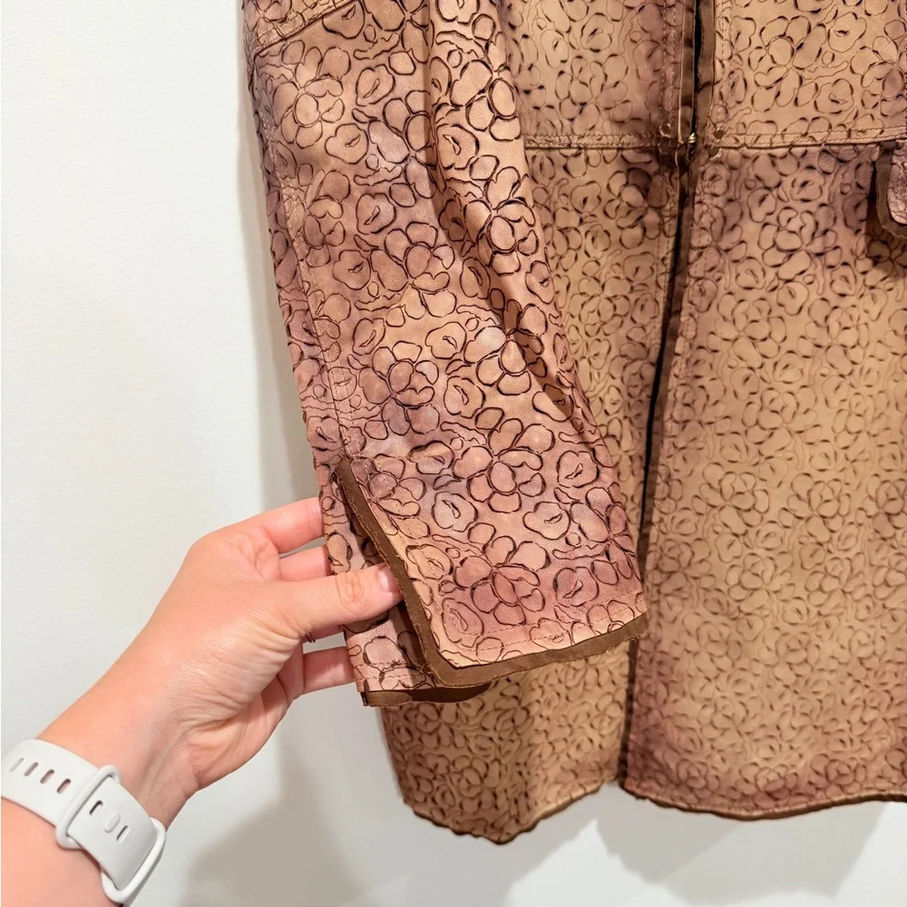 Scully Ladies Laser Cut Leather Coat Large L Tan Mid Length Fall Boho Luxury - Picture 7 of 11